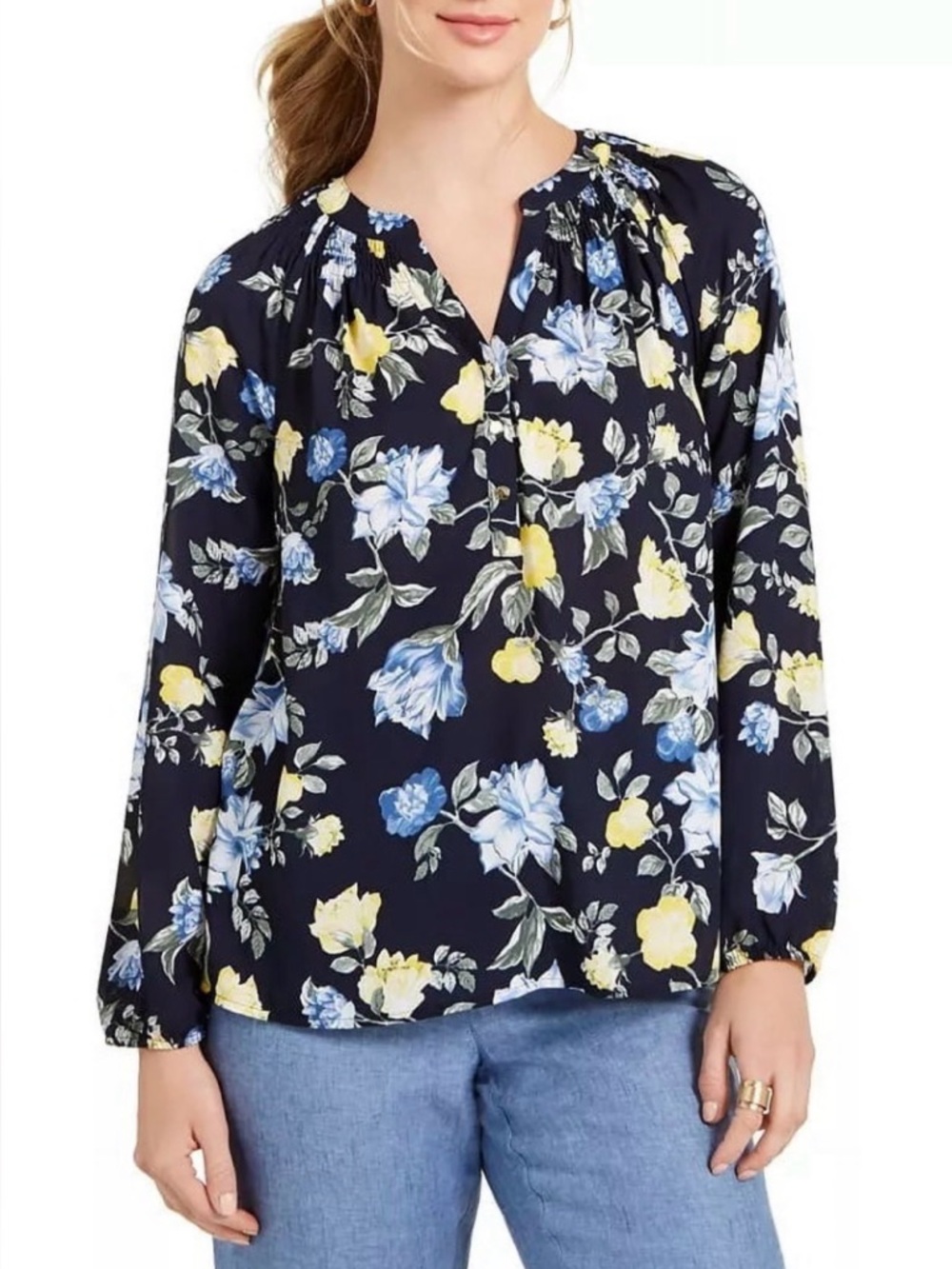 Charter Club Navy Floral Long-Sleeve Button-Pleat Blouse